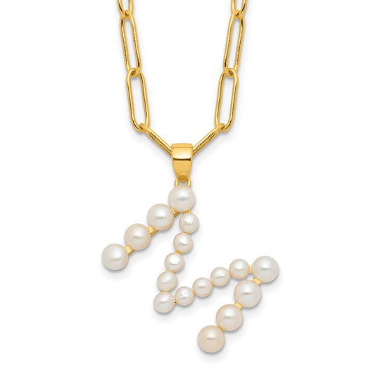 Sterling Silver Gold-plated 3-5.5mm White Button Freshwater Cultured Pearl LETTER M 18 inch Necklace QH5808GPM-18