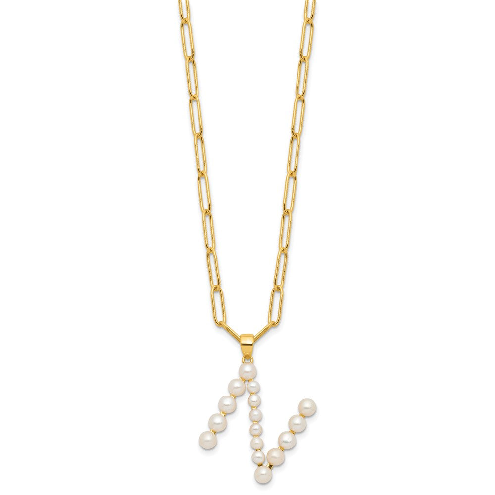 Sterling Silver Gold-plated 3-5.5mm White Button Freshwater Cultured Pearl LETTER N 18 inch Necklace QH5808GPN-18