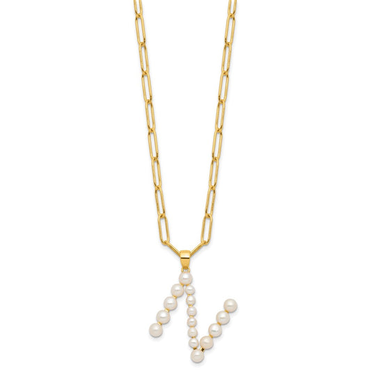 Sterling Silver Gold-plated 3-5.5mm White Button Freshwater Cultured Pearl LETTER N 18 inch Necklace QH5808GPN-18
