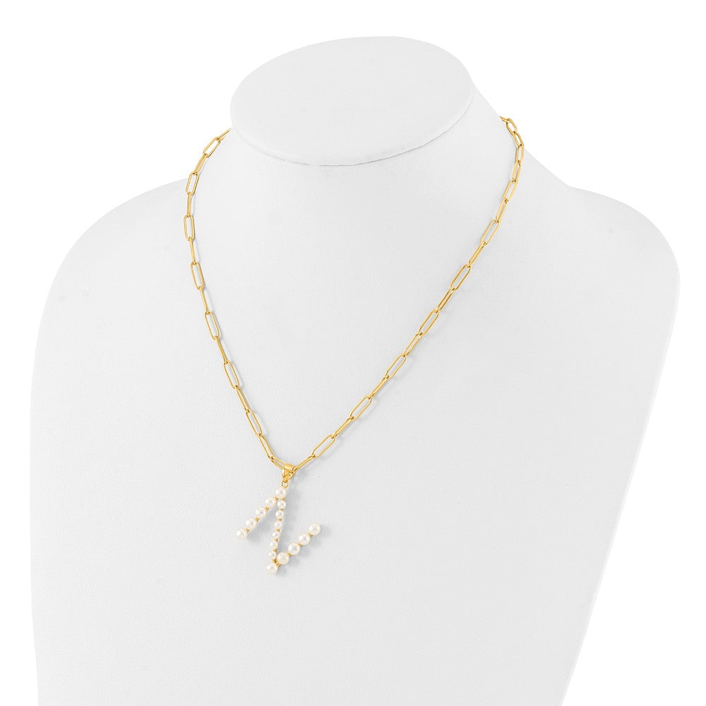 Sterling Silver Gold-plated 3-5.5mm White Button Freshwater Cultured Pearl LETTER N 18 inch Necklace QH5808GPN-18