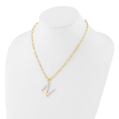 Sterling Silver Gold-plated 3-5.5mm White Button Freshwater Cultured Pearl LETTER N 18 inch Necklace QH5808GPN-18