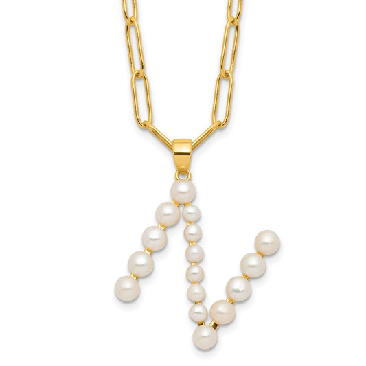 Sterling Silver Gold-plated 3-5.5mm White Button Freshwater Cultured Pearl LETTER N 18 inch Necklace QH5808GPN-18
