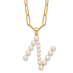 Sterling Silver Gold-plated 3-5.5mm White Button Freshwater Cultured Pearl LETTER N 18 inch Necklace QH5808GPN-18