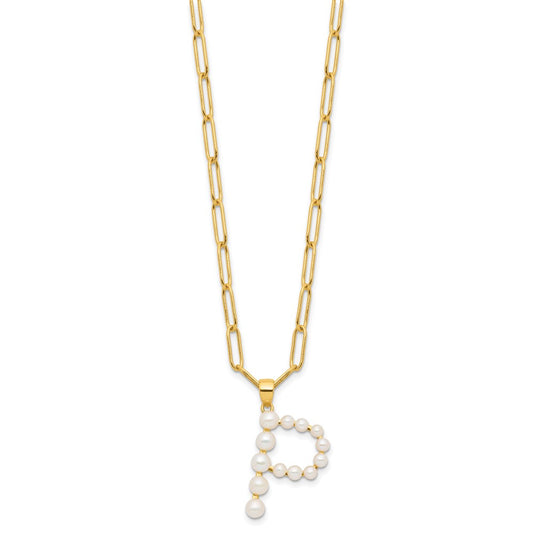 Sterling Silver Gold-plated 3-5.5mm White Button Freshwater Cultured Pearl LETTER P 18 inch Necklace QH5808GPP-18