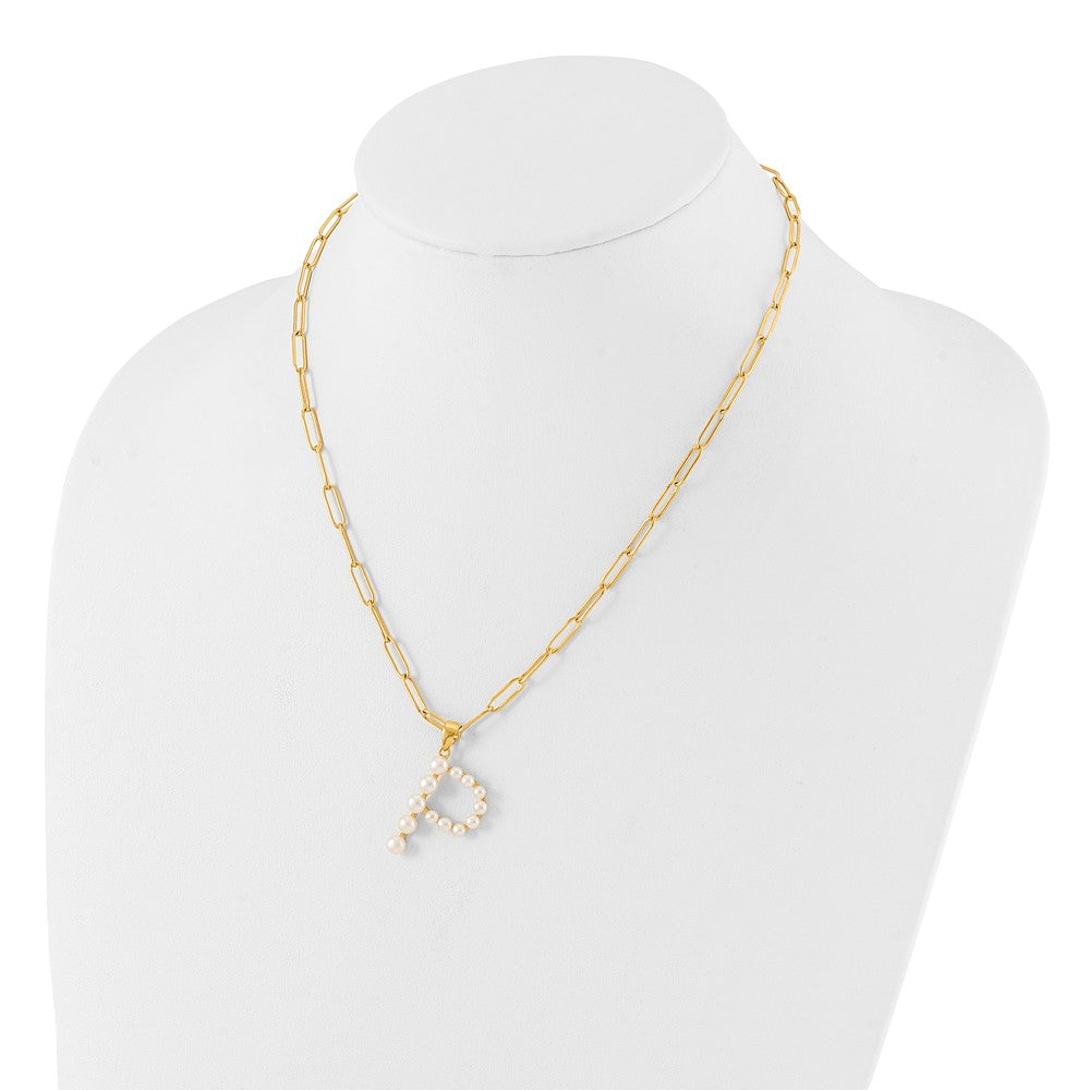 Sterling Silver Gold-plated 3-5.5mm White Button Freshwater Cultured Pearl LETTER P 18 inch Necklace QH5808GPP-18