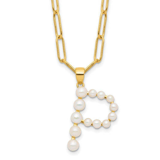 Sterling Silver Gold-plated 3-5.5mm White Button Freshwater Cultured Pearl LETTER P 18 inch Necklace QH5808GPP-18