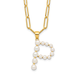 Sterling Silver Gold-plated 3-5.5mm White Button Freshwater Cultured Pearl LETTER P 18 inch Necklace QH5808GPP-18