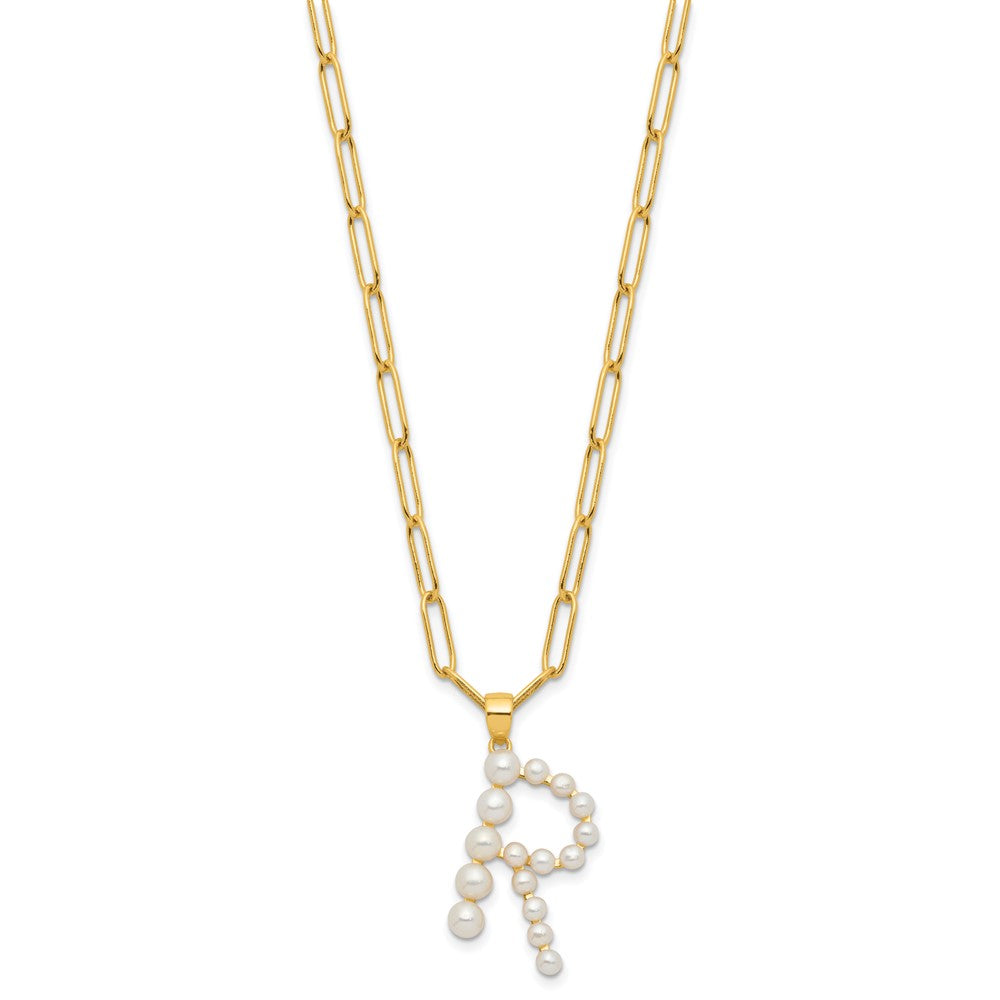 Sterling Silver Gold-plated 3-5.5mm White Button Freshwater Cultured Pearl LETTER R 18 inch Necklace QH5808GPR-18