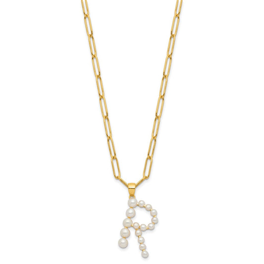 Sterling Silver Gold-plated 3-5.5mm White Button Freshwater Cultured Pearl LETTER R 18 inch Necklace QH5808GPR-18