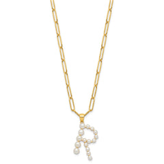 Sterling Silver Gold-plated 3-5.5mm White Button Freshwater Cultured Pearl LETTER R 18 inch Necklace QH5808GPR-18