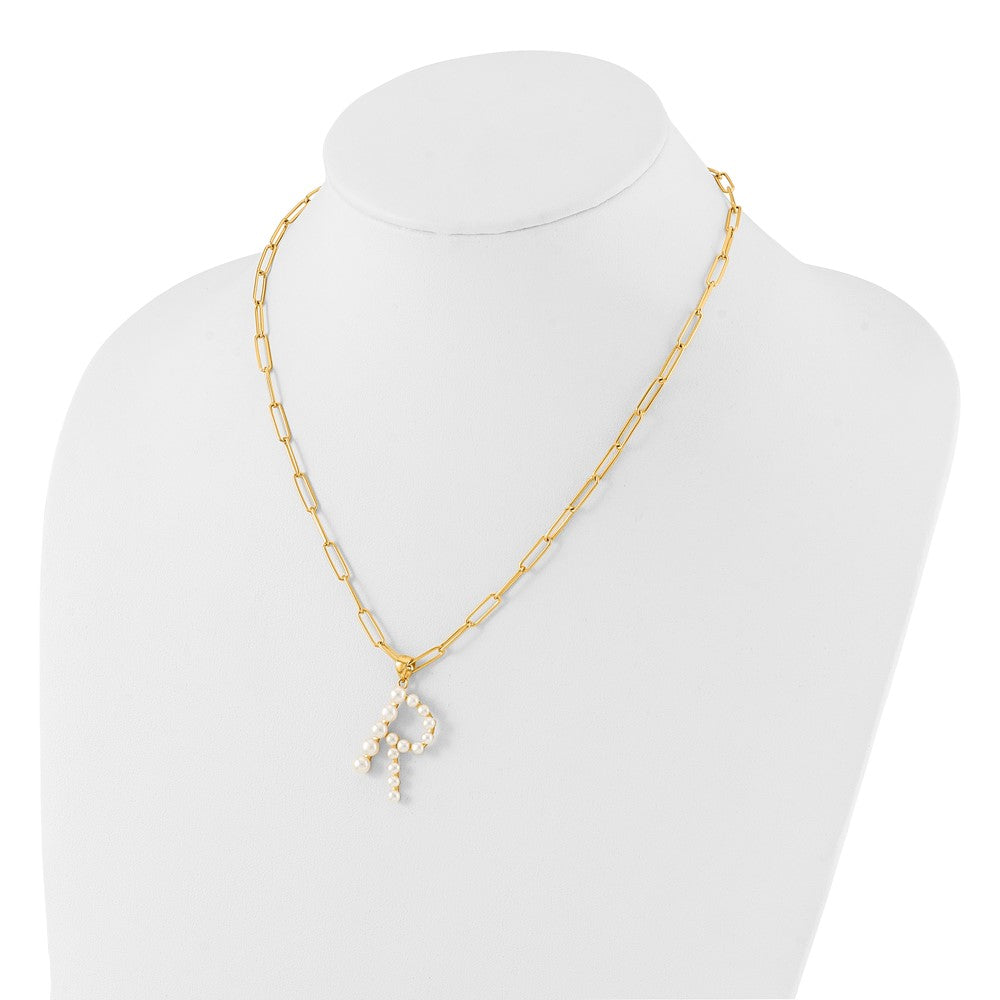 Sterling Silver Gold-plated 3-5.5mm White Button Freshwater Cultured Pearl LETTER R 18 inch Necklace QH5808GPR-18
