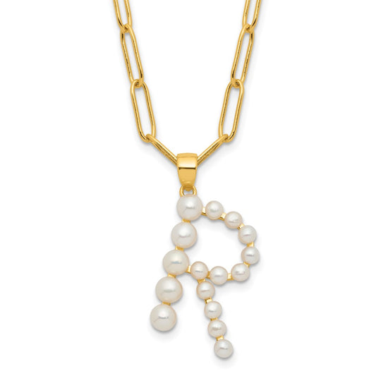 Sterling Silver Gold-plated 3-5.5mm White Button Freshwater Cultured Pearl LETTER R 18 inch Necklace QH5808GPR-18