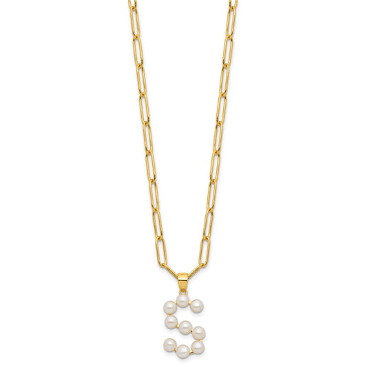 Sterling Silver Gold-plated 3-5.5mm White Button Freshwater Cultured Pearl LETTER S 18 inch Necklace QH5808GPS-18