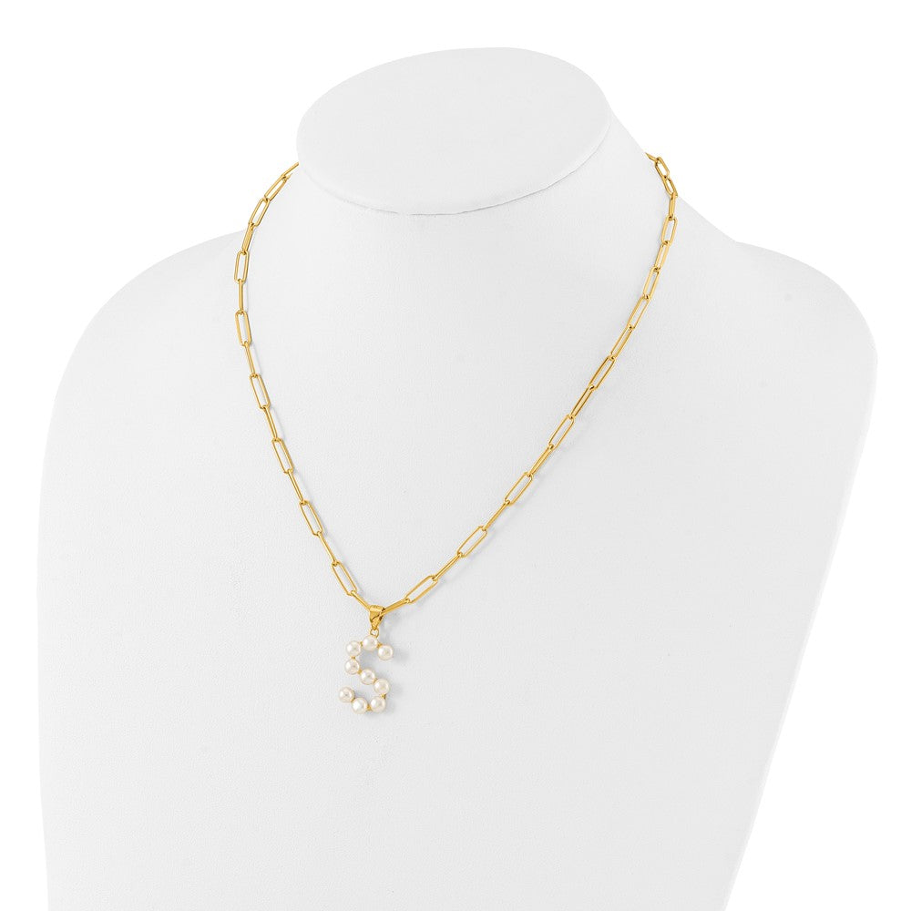 Sterling Silver Gold-plated 3-5.5mm White Button Freshwater Cultured Pearl LETTER S 18 inch Necklace QH5808GPS-18