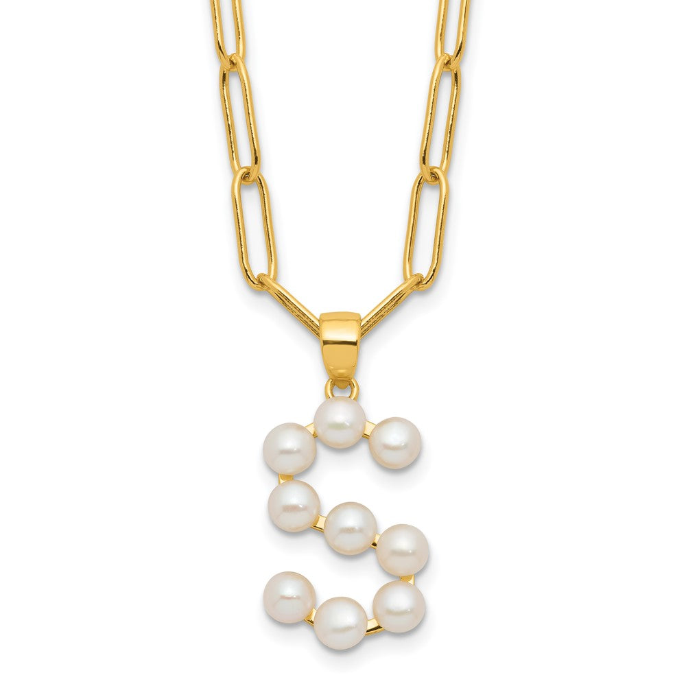 Sterling Silver Gold-plated 3-5.5mm White Button Freshwater Cultured Pearl LETTER S 18 inch Necklace QH5808GPS-18