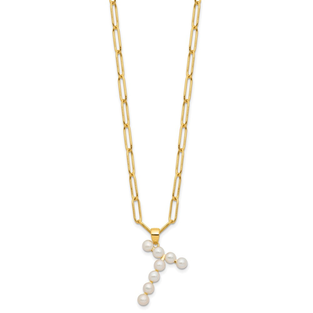 Sterling Silver Gold-plated 3-5.5mm White Button Freshwater Cultured Pearl LETTER T 18 inch Necklace QH5808GPT-18