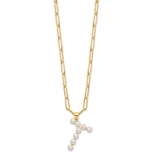 Sterling Silver Gold-plated 3-5.5mm White Button Freshwater Cultured Pearl LETTER T 18 inch Necklace QH5808GPT-18