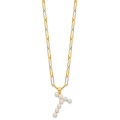 Sterling Silver Gold-plated 3-5.5mm White Button Freshwater Cultured Pearl LETTER T 18 inch Necklace QH5808GPT-18