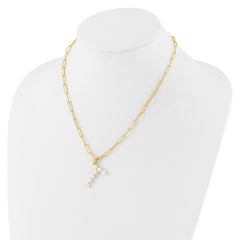 Sterling Silver Gold-plated 3-5.5mm White Button Freshwater Cultured Pearl LETTER T 18 inch Necklace QH5808GPT-18