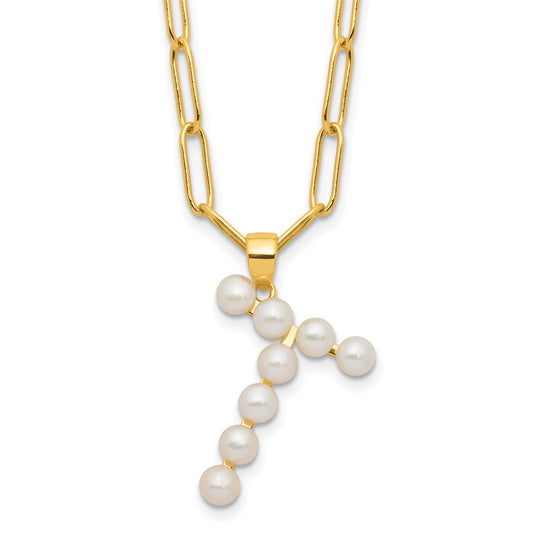 Sterling Silver Gold-plated 3-5.5mm White Button Freshwater Cultured Pearl LETTER T 18 inch Necklace QH5808GPT-18