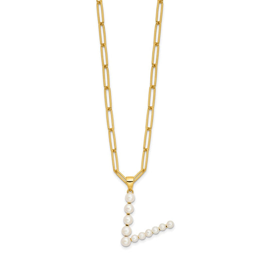 Sterling Silver Gold-plated 3-5.5mm White Button Freshwater Cultured Pearl LETTER V 18 inch Necklace QH5808GPV-18
