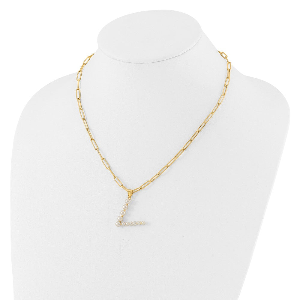 Sterling Silver Gold-plated 3-5.5mm White Button Freshwater Cultured Pearl LETTER V 18 inch Necklace QH5808GPV-18