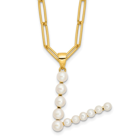 Sterling Silver Gold-plated 3-5.5mm White Button Freshwater Cultured Pearl LETTER V 18 inch Necklace QH5808GPV-18