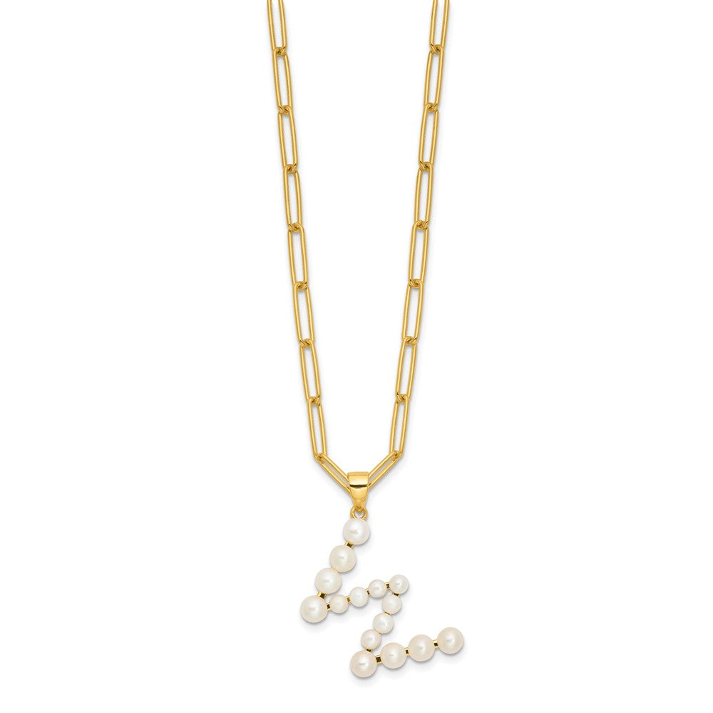 Sterling Silver Gold-plated 3-5.5mm White Button Freshwater Cultured Pearl LETTER W 18 inch Necklace QH5808GPW-18