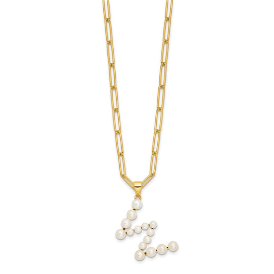 Sterling Silver Gold-plated 3-5.5mm White Button Freshwater Cultured Pearl LETTER W 18 inch Necklace QH5808GPW-18