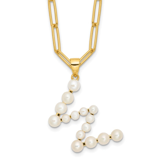 Sterling Silver Gold-plated 3-5.5mm White Button Freshwater Cultured Pearl LETTER W 18 inch Necklace QH5808GPW-18