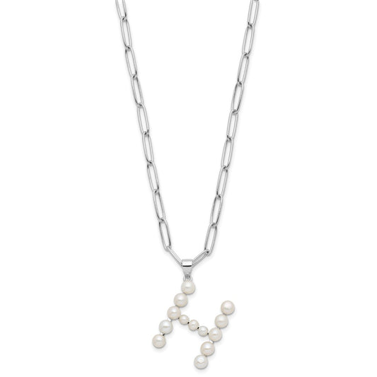 Sterling Silver Rhodium-plated 3-5.5mm White Button Freshwater Cultured Pearl LETTER H 18 inch Necklace QH5808H-18