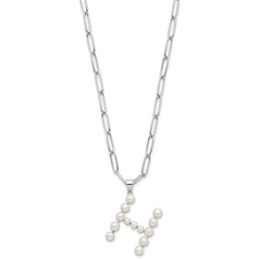Sterling Silver Rhodium-plated 3-5.5mm White Button Freshwater Cultured Pearl LETTER H 18 inch Necklace QH5808H-18