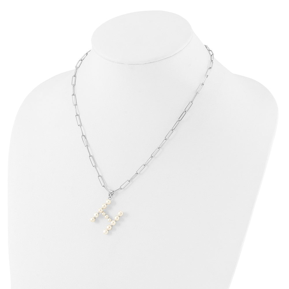 Sterling Silver Rhodium-plated 3-5.5mm White Button Freshwater Cultured Pearl LETTER H 18 inch Necklace QH5808H-18