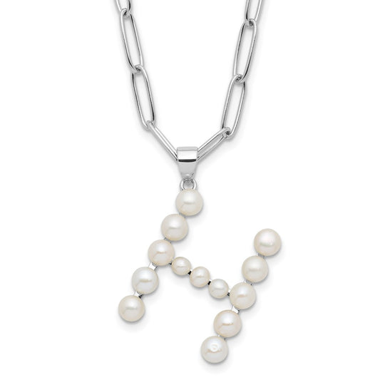 Sterling Silver Rhodium-plated 3-5.5mm White Button Freshwater Cultured Pearl LETTER H 18 inch Necklace QH5808H-18