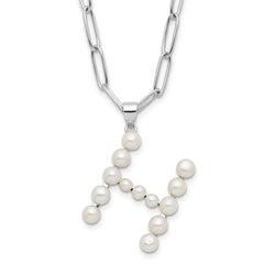 Sterling Silver Rhodium-plated 3-5.5mm White Button Freshwater Cultured Pearl LETTER H 18 inch Necklace QH5808H-18
