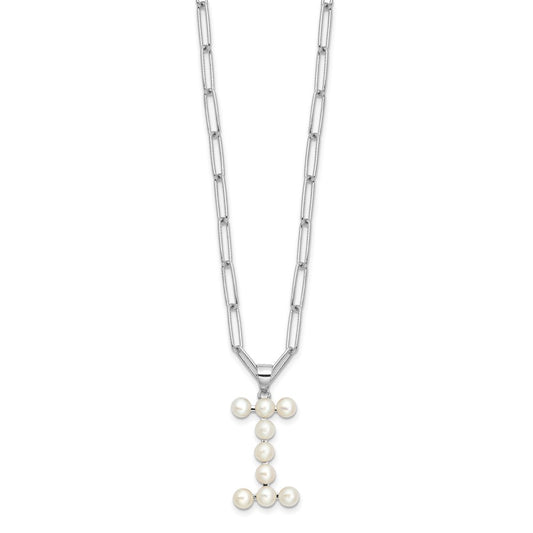 Sterling Silver Rhodium-plated 3-5.5mm White Button Freshwater Cultured Pearl LETTER I 18 inch Necklace QH5808I-18