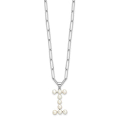 Sterling Silver Rhodium-plated 3-5.5mm White Button Freshwater Cultured Pearl LETTER I 18 inch Necklace QH5808I-18