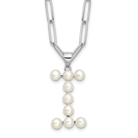 Sterling Silver Rhodium-plated 3-5.5mm White Button Freshwater Cultured Pearl LETTER I 18 inch Necklace QH5808I-18