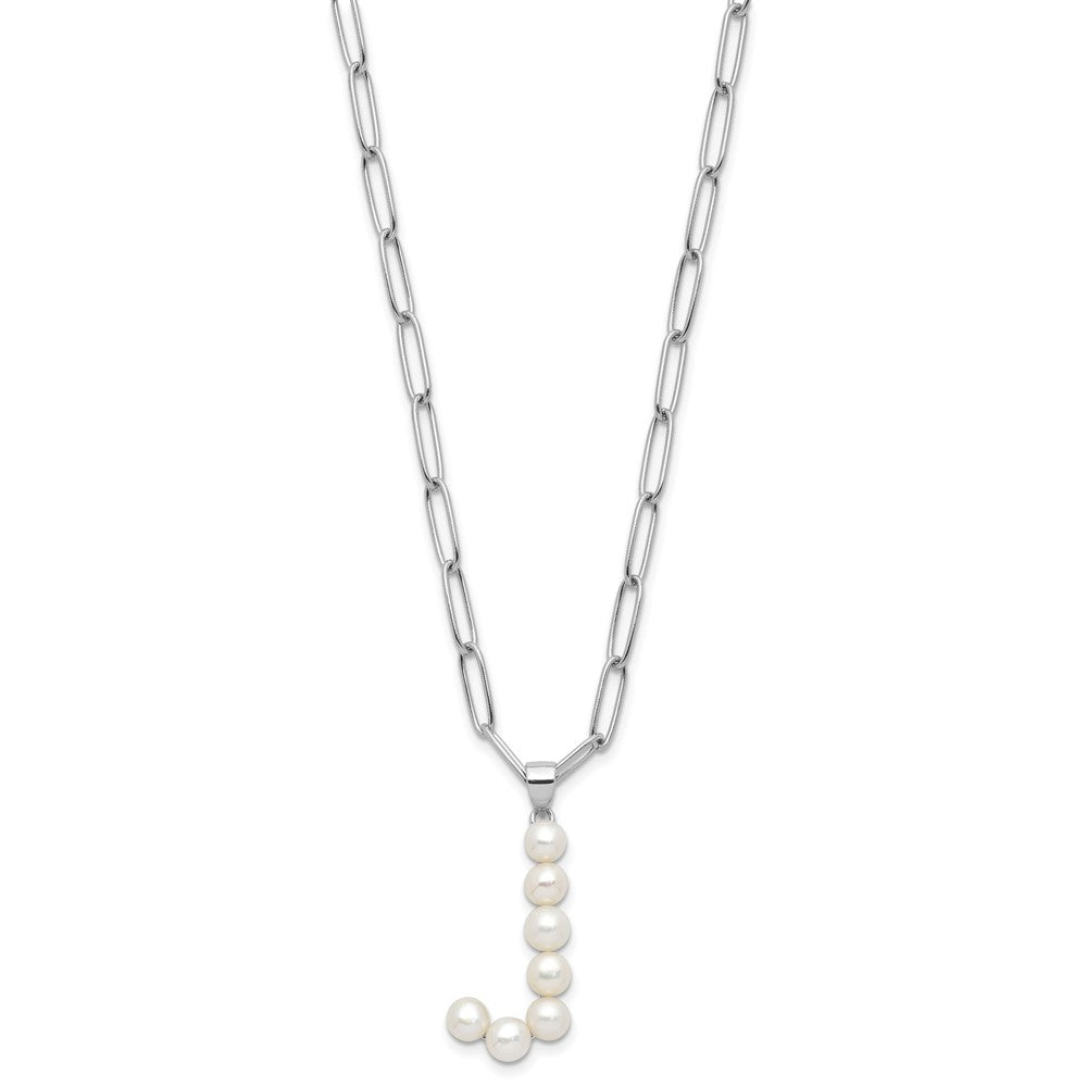 Sterling Silver Rhodium-plated 3-5.5mm White Button Freshwater Cultured Pearl LETTER J 18 inch Necklace QH5808J-18
