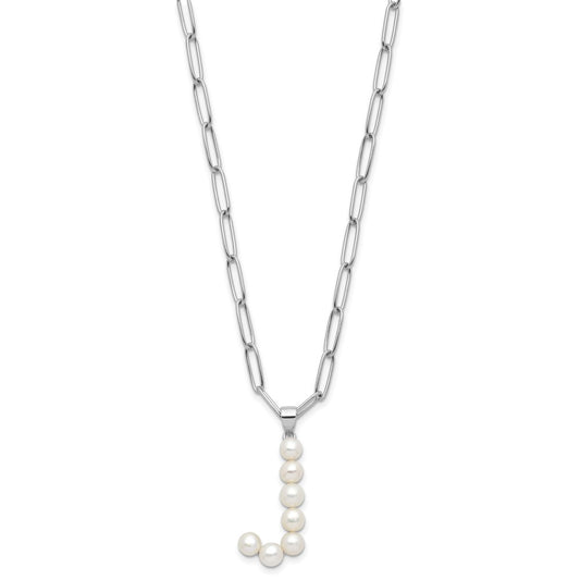 Sterling Silver Rhodium-plated 3-5.5mm White Button Freshwater Cultured Pearl LETTER J 18 inch Necklace QH5808J-18