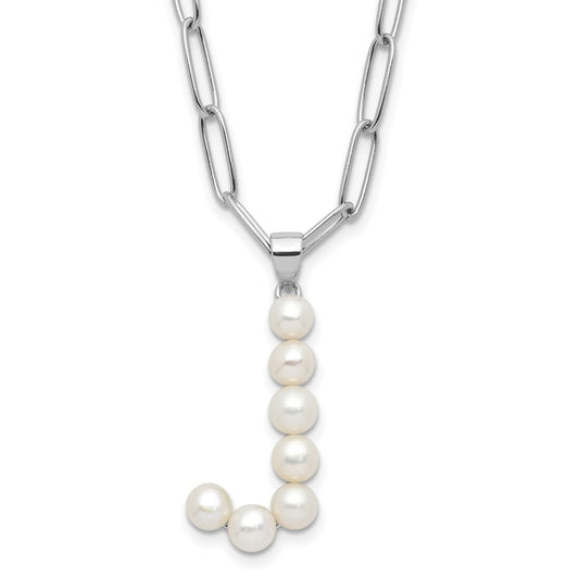 Sterling Silver Rhodium-plated 3-5.5mm White Button Freshwater Cultured Pearl LETTER J 18 inch Necklace QH5808J-18