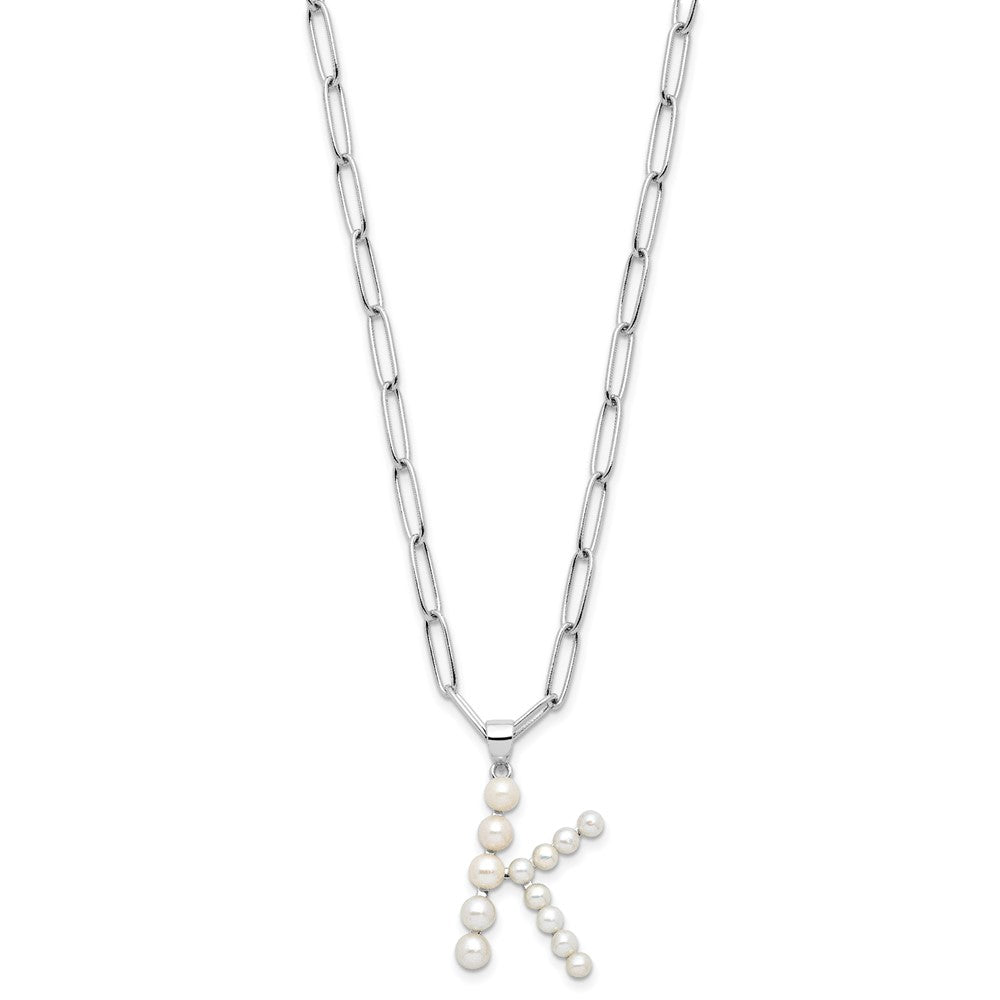 Sterling Silver Rhodium-plated 3-5.5mm White Button Freshwater Cultured Pearl LETTER K 18 inch Necklace QH5808K-18