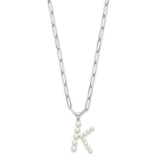 Sterling Silver Rhodium-plated 3-5.5mm White Button Freshwater Cultured Pearl LETTER K 18 inch Necklace QH5808K-18