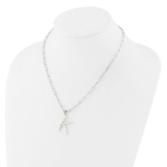 Sterling Silver Rhodium-plated 3-5.5mm White Button Freshwater Cultured Pearl LETTER K 18 inch Necklace QH5808K-18