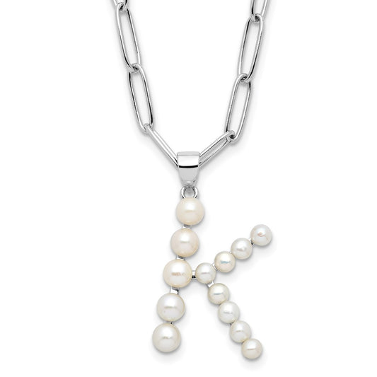 Sterling Silver Rhodium-plated 3-5.5mm White Button Freshwater Cultured Pearl LETTER K 18 inch Necklace QH5808K-18