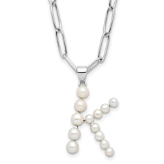 Sterling Silver Rhodium-plated 3-5.5mm White Button Freshwater Cultured Pearl LETTER K 18 inch Necklace QH5808K-18