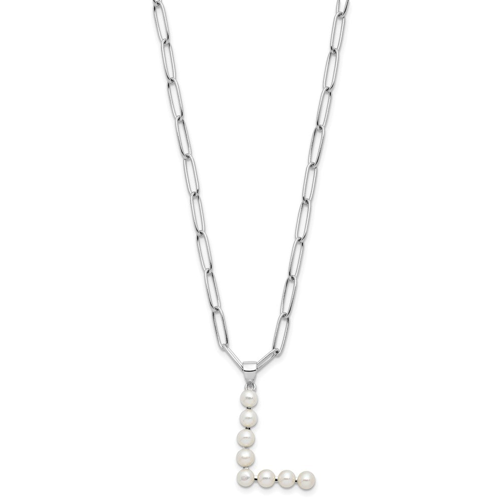 Sterling Silver Rhodium-plated 3-5.5mm White Button Freshwater Cultured Pearl LETTER L 18 inch Necklace QH5808L-18