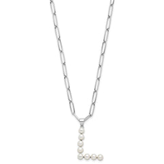 Sterling Silver Rhodium-plated 3-5.5mm White Button Freshwater Cultured Pearl LETTER L 18 inch Necklace QH5808L-18