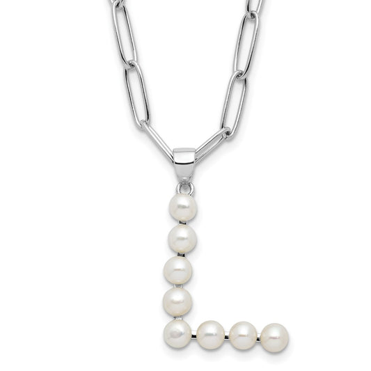 Sterling Silver Rhodium-plated 3-5.5mm White Button Freshwater Cultured Pearl LETTER L 18 inch Necklace QH5808L-18