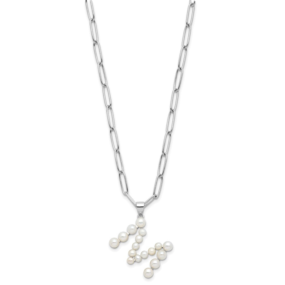 Sterling Silver Rhodium-plated 3-5.5mm White Button Freshwater Cultured Pearl LETTER M 18 inch Necklace QH5808M-18